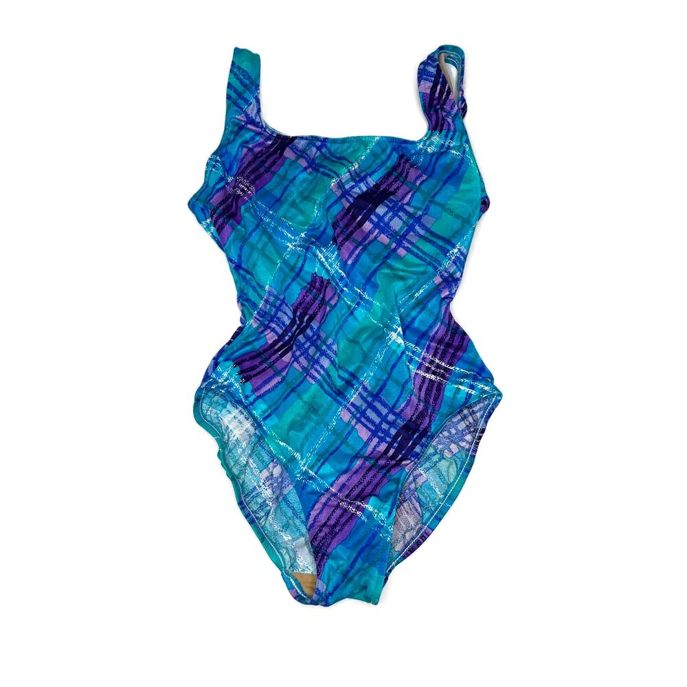 VTG 70s {Maxine of Hollywood} Blue Plaid Print One-Piece Swimsuit Small/Medium